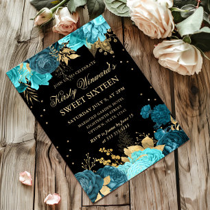 Convite Rosas Turquesa e Douradas Floral Sweet Sixteen
