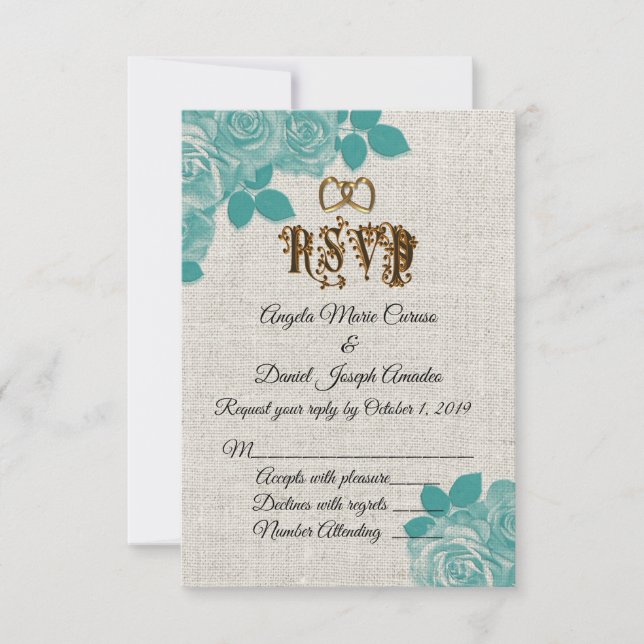 Convite Rosas turquesa em RSVP de casamento de linho (Frente)
