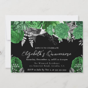 Convite Rosas Verde e Prata em Aquarela Quinceanera