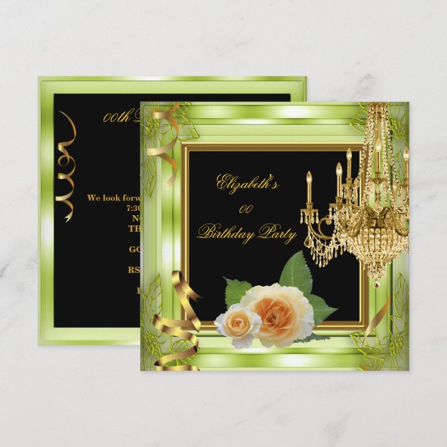 Convite Rosas verdes douradas elegantes de aniversário com (Frente/Verso)