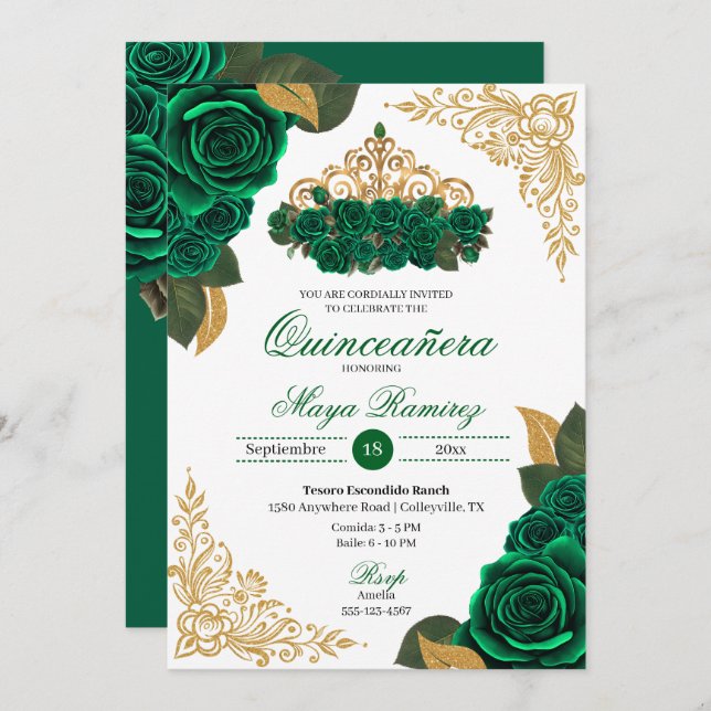 Convite Rosas Verdes Douradas Frames Tiara Quinceañera (Frente/Verso)