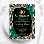 Convite Rosas verdes, Dourado, aniversário de 40 anos<br><div class="desc">Convite de festas aniversário de 40 anos. Elegante design verde-esmeralda floral com ouro e rosas brilhantes falsos. Apresenta cor damasco preta e branca e fonte de script. Perfeito para uma comemoração de dia das mulheres na moda. Pode ser personalizado para qualquer idade! Impressos convites Zazzle ou modelo de impressão digital...</div>