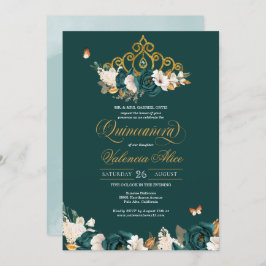 Convite Rosas verdes Dourados Tiara Butterflies Quinceaner