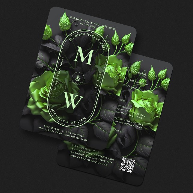 Convite Rosas Verdes Florais Elegantes e Gótica Casamento  (Gothic Elegant Floral Green Roses Boho Wedding Invitation
)