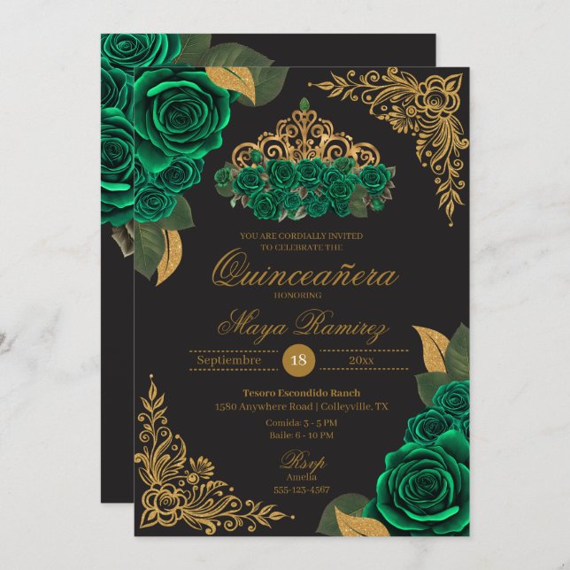 Convite Rosas Verdes Glitter Dourado Negro Tiara Quinceañe (Frente/Verso)