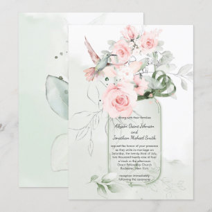 Convite Rosas Verdes Mason Jar Casamento de Pastel Rosa