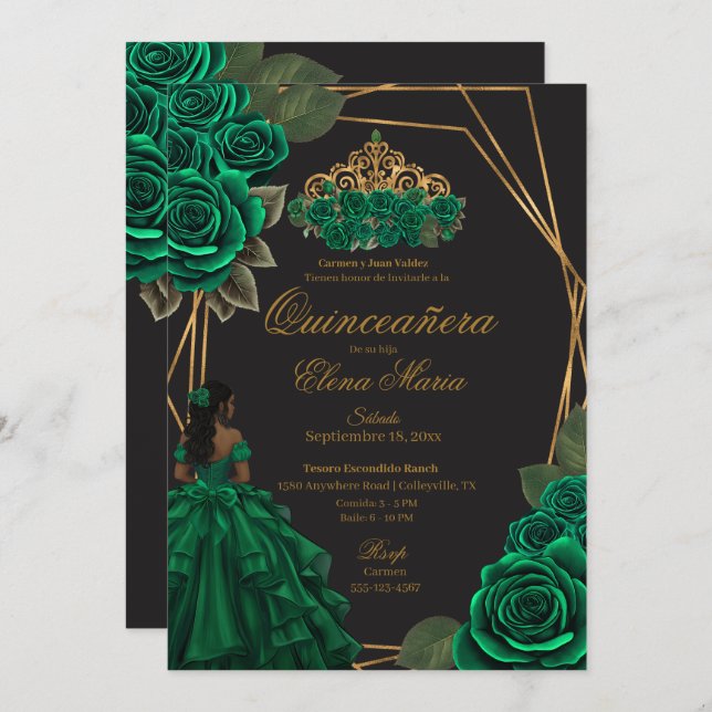 Convite Rosas verdes negros Dourada Princesa Quinceañera (Frente/Verso)