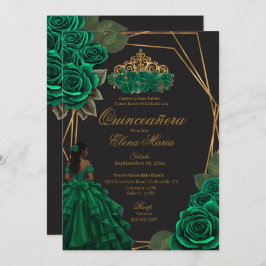 Convite Rosas verdes negros Dourada Princesa Quinceañera