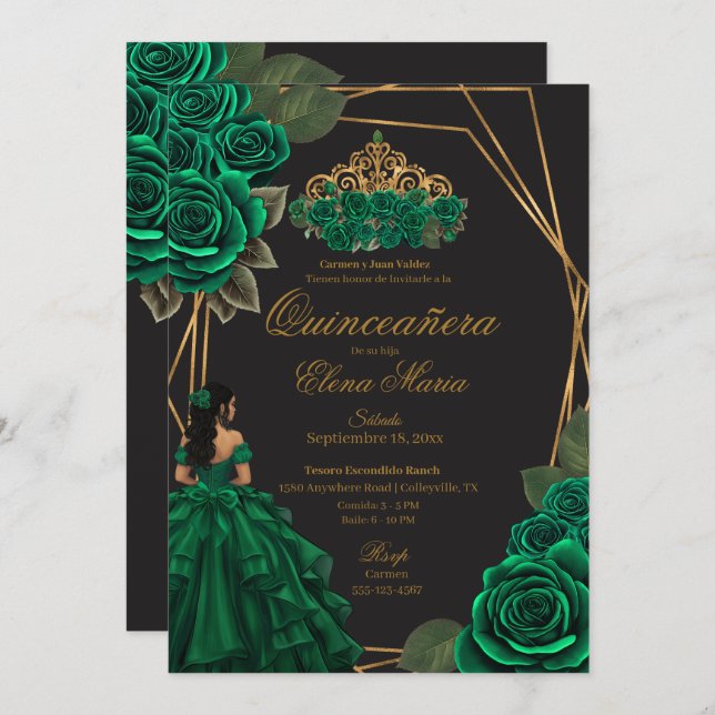 Convite Rosas verdes negros Dourada Princesa Quinceañera (Frente/Verso)