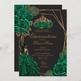 Convite Rosas verdes negros Dourada Princesa Quinceañera