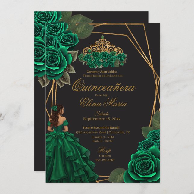 Convite Rosas verdes negros Dourada Princesa Quinceañera (Frente/Verso)