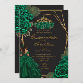 Convite Rosas verdes negros Dourada Princesa Quinceañera