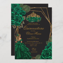 Convite Rosas verdes negros Dourada Princesa Quinceañera