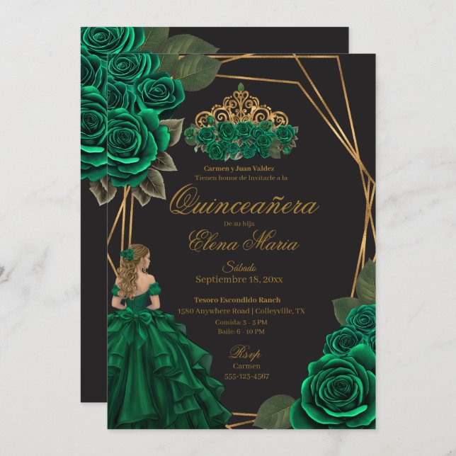 Convite Rosas verdes negros Dourada Princesa Quinceañera (Frente/Verso)