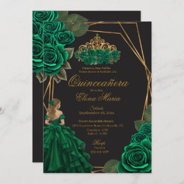 Convite Rosas verdes negros Dourada Princesa Quinceañera