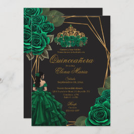 Convite Rosas verdes negros Dourada Princesa Quinceañera