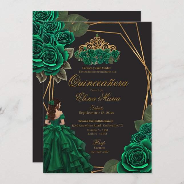Convite Rosas verdes negros Dourada Princesa Quinceañera (Frente/Verso)