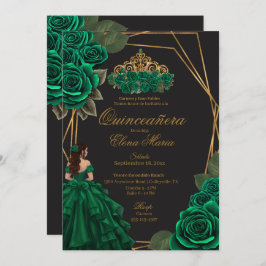 Convite Rosas verdes negros Dourada Princesa Quinceañera