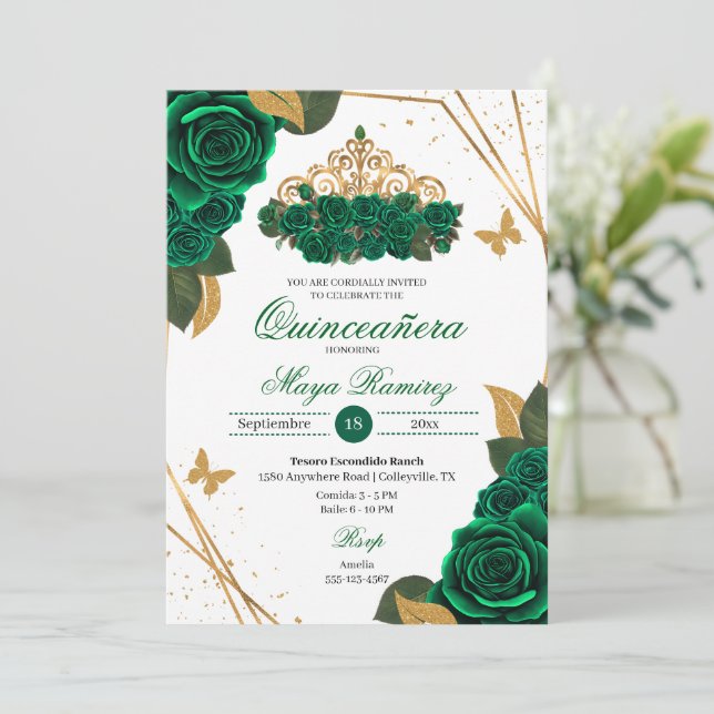 Convite Rosas Verdes Tiara Dourada Glitter Quinceañera (Em pé/Frente)