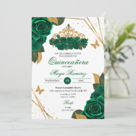 Convite Rosas Verdes Tiara Dourada Glitter Quinceañera