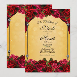 Convite Rosas Vermelhas Amarelas & Douradas Casamento Eleg