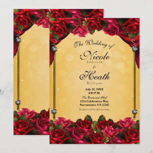 Convite Rosas Vermelhas Amarelas e Douradas Elegante Casam