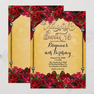Convite Rosas Vermelhas Amarelo & Dourado Rosa Doce 16 Fes