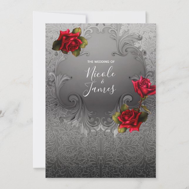 Convite Rosas Vermelhas Antigas Decorativas Prata Casament (Frente)