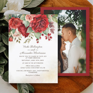 Convite Rosas Vermelhas Antigas Foto Floral Botânica Casam