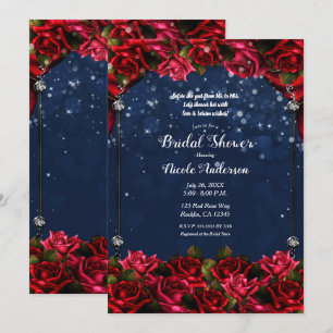 Convite Rosas Vermelhas Azul Marinho Dourado Chá de Noiva