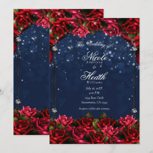 Convite Rosas Vermelhas Azul Marinho Dourado Encantado Flo