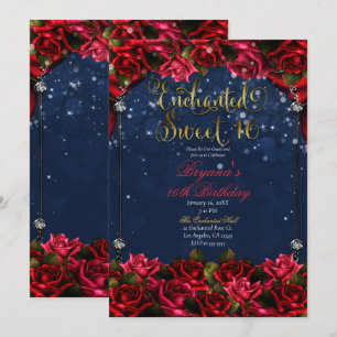 Convite Rosas Vermelhas Azul Marinho Dourado Enfeitiçado D