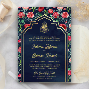 Convite Rosas Vermelhas Azul Marinho Dourado Floral Casame
