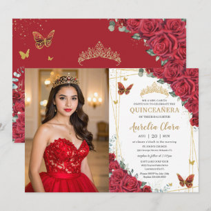 Convite Rosas Vermelhas Borboletas Douradas Quinceanera Fo