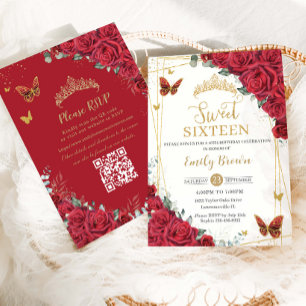 Convite Rosas Vermelhas Borboletas Douradas Sweet Sixteen