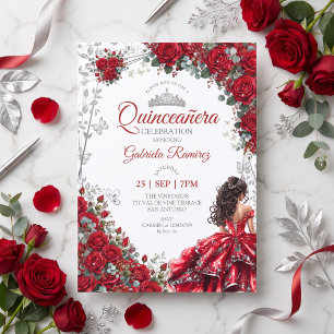 Convite Rosas Vermelhas Borboletas Tiara Prata Quinceanera