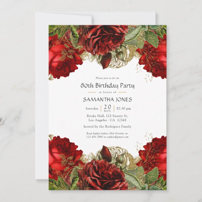 Convite Rosas Vermelhas Borgonha e Douradas de Aniversário (Frente)