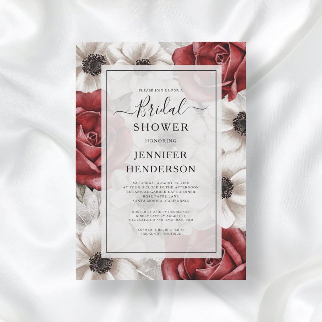 Convite Rosas vermelhas Borgonhetas Anemone Chá de panela  (Front Burgundy Red Roses Anemone Floral Bridal Shower Invitation)