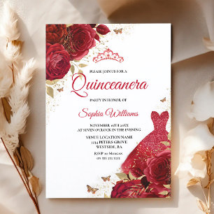 Convite Rosas Vermelhas Brilham Quinceanera