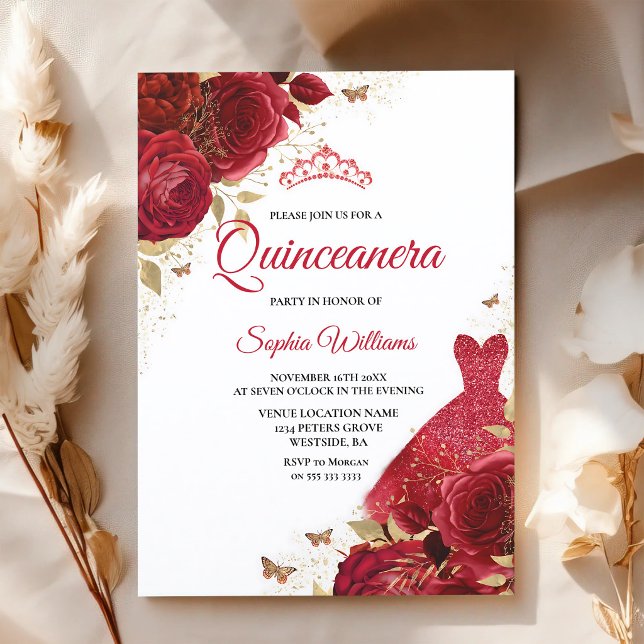 Convite Rosas Vermelhas Brilham Quinceanera (Criador carregado)