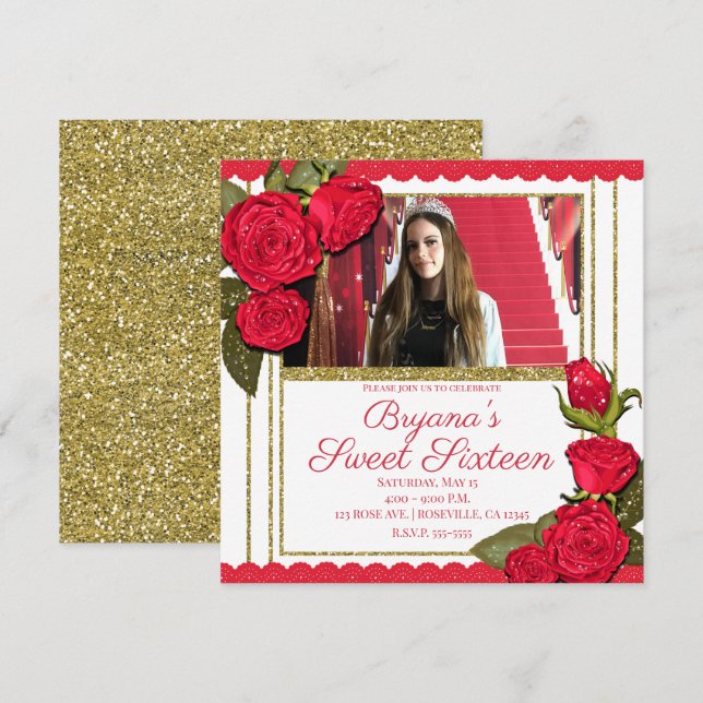 Convite Rosas Vermelhas Brilho Dourado Doce Festa de Anive (Frente/Verso)