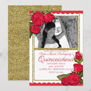 Convite Rosas Vermelhas Brilho Dourado Festa de Aniversári