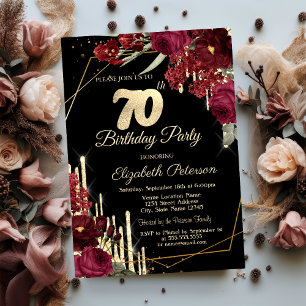 Convite Rosas Vermelhas Brilho Gotas Preto Aniversário de
