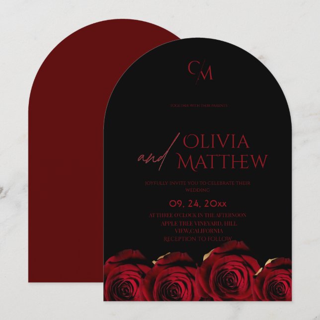 Convite Rosas Vermelhas Casamento Borgonha Preto (Frente/Verso)
