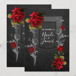 Convite Rosas Vermelhas Casamento Gótico Ornamentado Preto