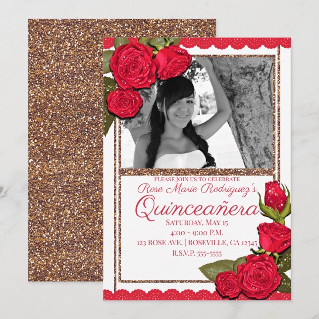 Convite Rosas Vermelhas com Brilho em Dourado Rosa Quincea (Frente/Verso)