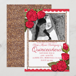 Convite Rosas Vermelhas com Brilho em Dourado Rosa Quincea