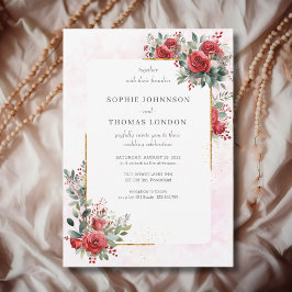 Convite Rosas vermelhas de casamento com moldura de ouro