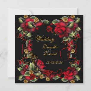 Convite Rosas vermelhas de Casamento Elegante Dourado