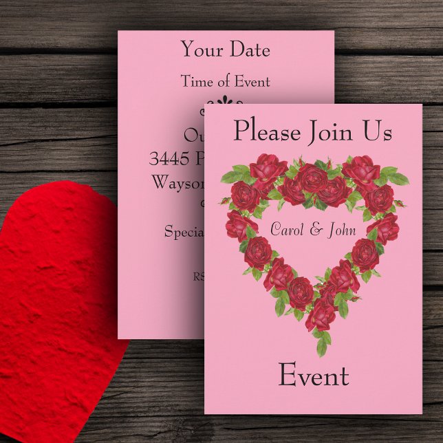 Convite Rosas vermelhas de Coração (Romantic heart shaped wreath of red roses on pink party invitations weddings, showers, anniversaries)